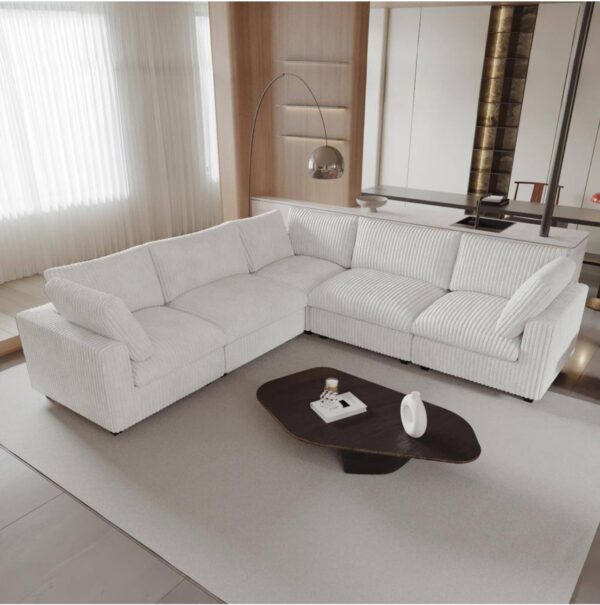118 in. Rabbit Plush Fabric Square Arm 5-Piece Modular Free Combination Sectional Sofa in Beige