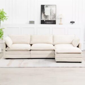 112 in. W 4-Piece Modern Straight Arm Corduroy Fabric L-Shaped Sectional Sofa with Ottoman in Beige