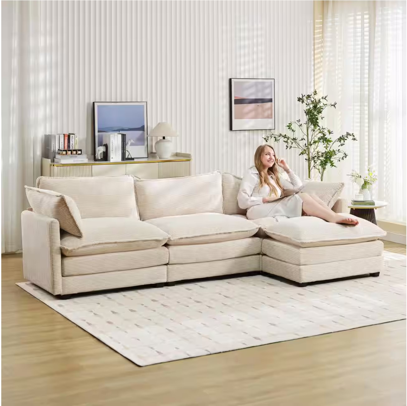 112 in. W 4-Piece Modern Straight Arm Corduroy Fabric L-Shaped Sectional Sofa with Ottoman in Beige