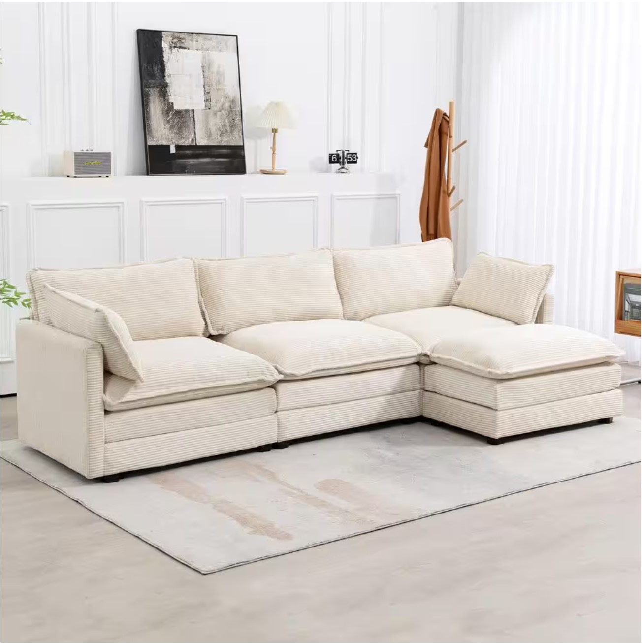 112 in. W 4-Piece Modern Straight Arm Corduroy Fabric L-Shaped Sectional Sofa with Ottoman in Beige
