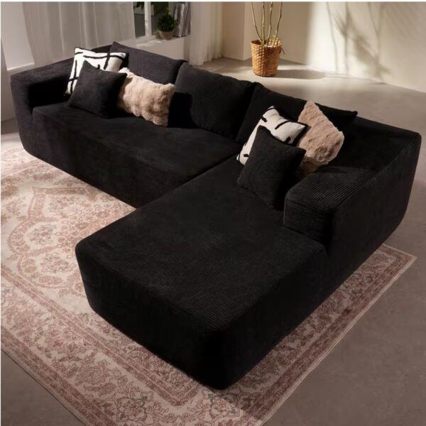 Verve 106 in. Wide Square Arm 2-Piece Modern Corduroy Fabric L-Shape Modular Sectional Sofa in Black with Chaise