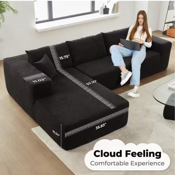 Verve 106 in. Wide Square Arm 2-Piece Modern Corduroy Fabric L-Shape Modular Sectional Sofa in Black with Chaise