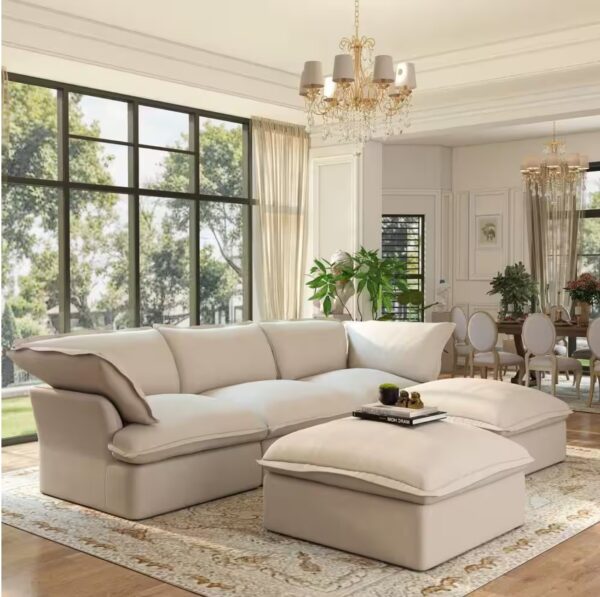 Large 123 in. Flared Arm 5-piece Linen U-shaped Modular Cloud Sectional Sofa with 2 Ottomans Washable Covers in. Beige